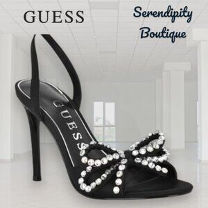 Guess Black Satin and Faux Diamond Loopy Bow Feminine Strapy Dress High Heels